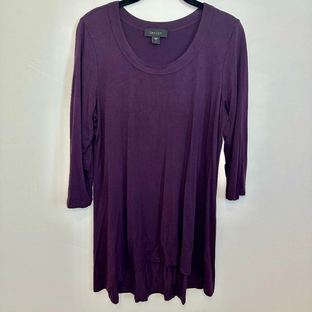 Karen Kane Rich Plum Tunic Top with high/low hem and 3/4 sleeves, Size Large